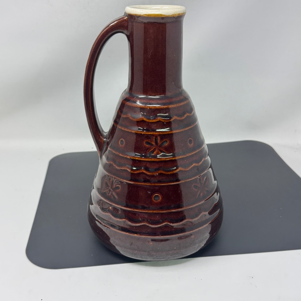 Vintage MCM Marcrest Stoneware 10" Flower Daisy Dot Pitcher Jug Vase Brown Glaze